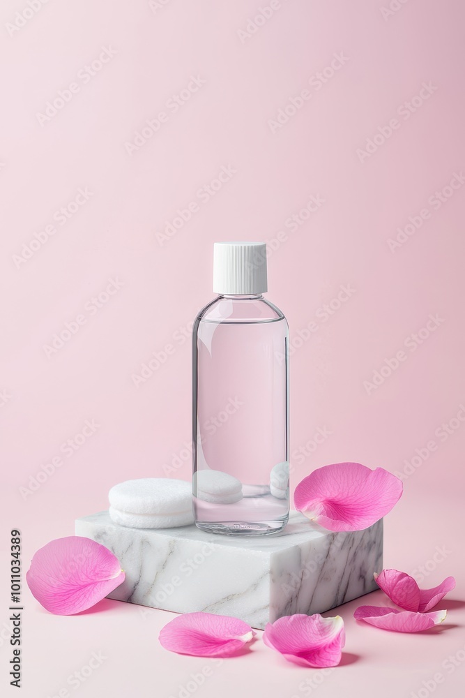 Clear skincare bottle with pink rose petals on marble, pink background. Clear skincare bottle with pink rose petals on marble, pink background.
