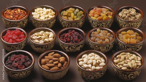 A variety of sweetmeats made with almonds, pistachios, and dried fruits, served in small decorative bowls.