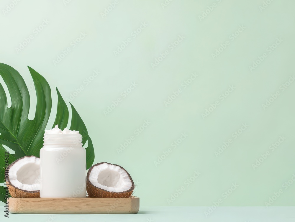 Coconut products on a green background with a tropical leaf. Coconut products on a green background with a tropical leaf.