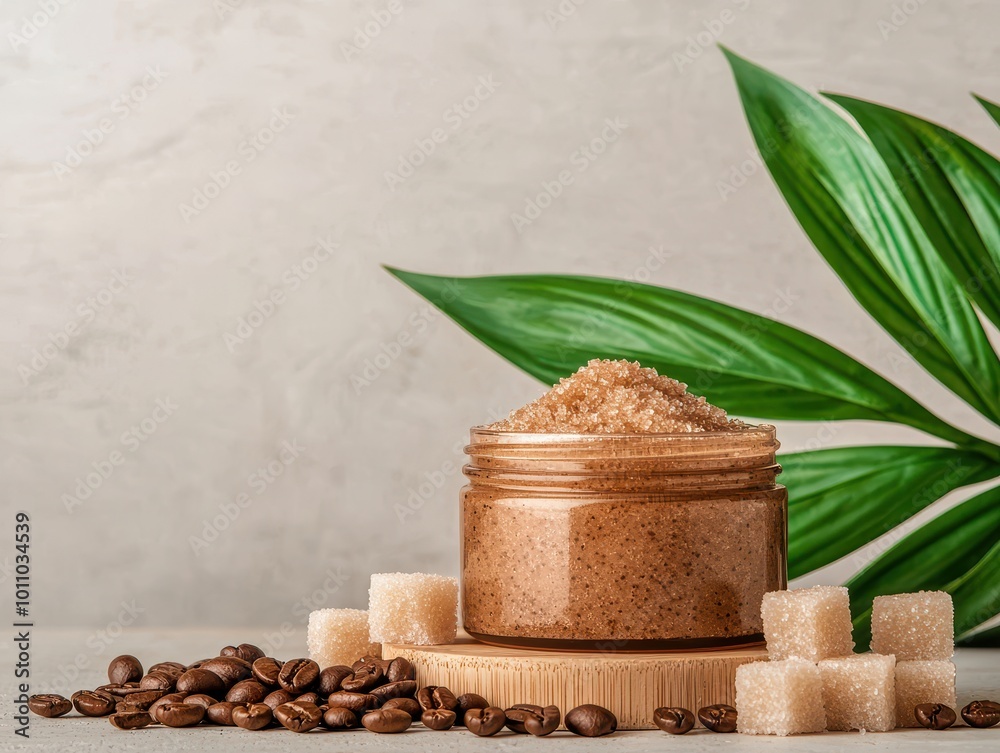 Coffee scrub in jar with brown sugar, surrounded by coffee beans and green plant. Coffee scrub in jar with brown sugar, surrounded by coffee beans and green plant.