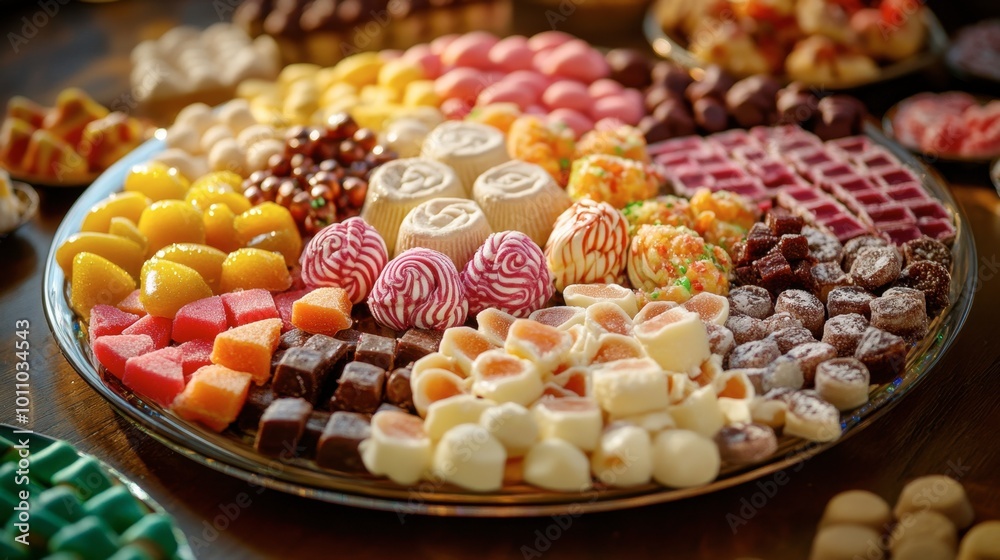 A vibrant assortment of sweetmeats arranged on a festive platter, perfect for sharing during a family gathering. A vibrant assortment of sweetmeats arranged on a festive platter, perfect for sharing during a family gathering.
