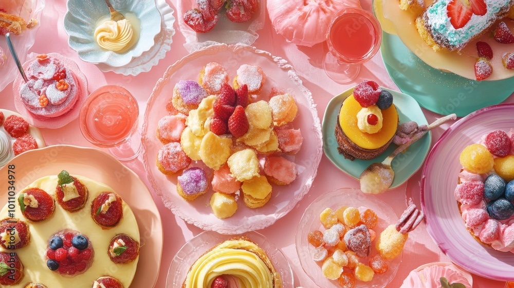 A vibrant dessert spread at a bridal shower, featuring sweetmeats and treats to celebrate the occasion. A vibrant dessert spread at a bridal shower, featuring sweetmeats and treats to celebrate the occasion.