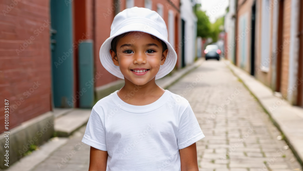 Little girl with short hair wearing white t-shirt and white bucket hat standing in a city alley