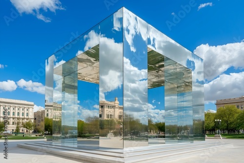 Imposing pavilion building with reflective glass surface that mirrors the sky above, harmonious blend of technology aesthetics in modern construction techniques. photo