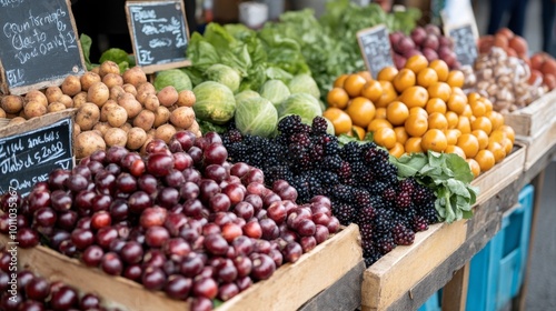 A vibrant farmers market stall showcasing seasonal Northern produce like root vegetables, wild berries, and artisanal cheeses, emphasizing the region's agriculture.