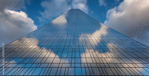 Imposing building with reflective glass surface that mirrors the sky above, harmonious blend of technology aesthetics in modern construction techniques.