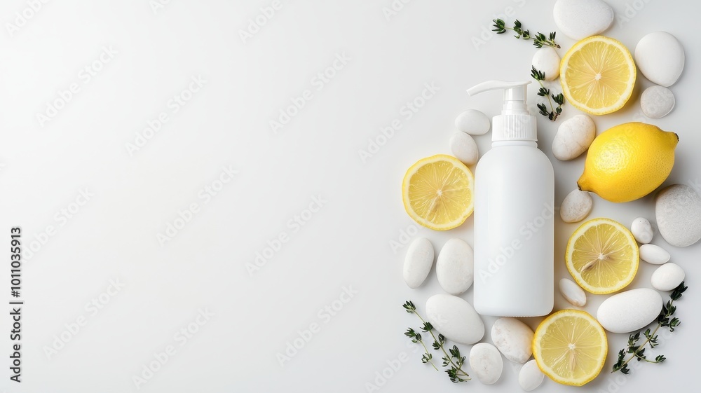 Lemon, white cosmetic bottle, and stones, white isolate background. Lemon, white cosmetic bottle, and stones, white isolate background.