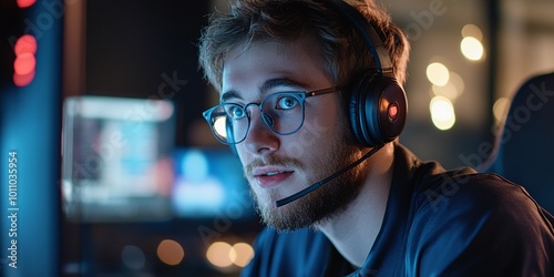 young man providing customer service while working at a computer with a headset, offering technical support and problem-solving skills to ensure a positive customer experience