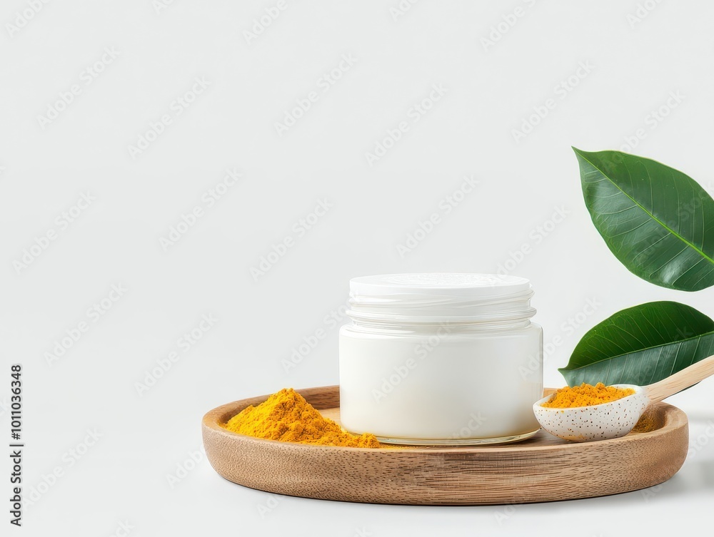 Natural skincare jar with turmeric powder and leaf on wooden plate, white background. Natural skincare jar with turmeric powder and leaf on wooden plate, white background.