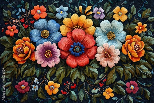 An intricate and colorful floral pattern in the style of Polish folk art, featuring large flowers with vibrant colors