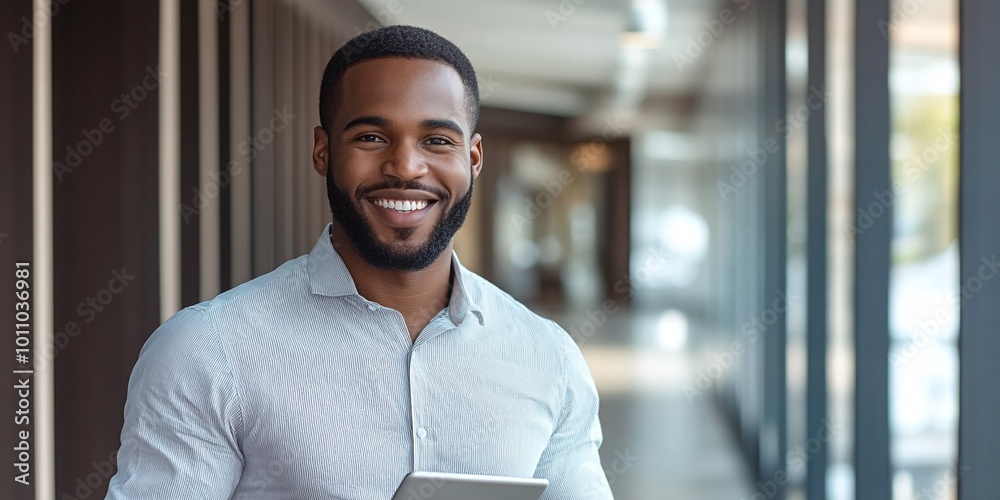 professional African American manager in a modern office corridor, smiling and using a tablet for business purposes, showcasing digital tools and successful leadership professional African American manager in a modern office corridor, smiling and using a tablet for business purposes, showcasing digital tools and successful leadership