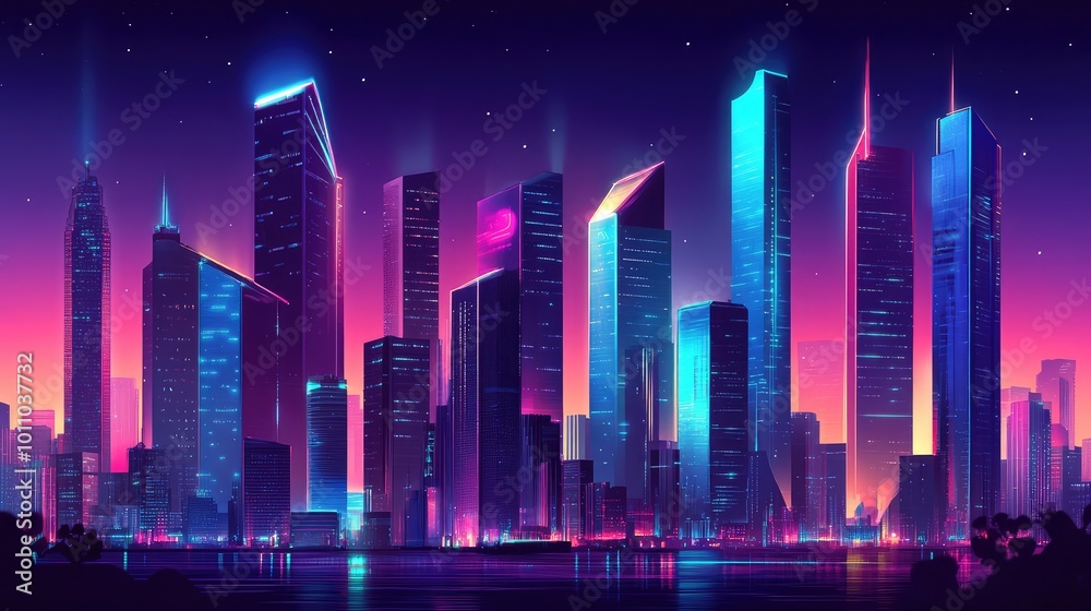 A futuristic cityscape with sleek buildings and advanced technology, illuminated by neon lights against a dark sky. A futuristic cityscape with sleek buildings and advanced technology, illuminated by neon lights against a dark sky.