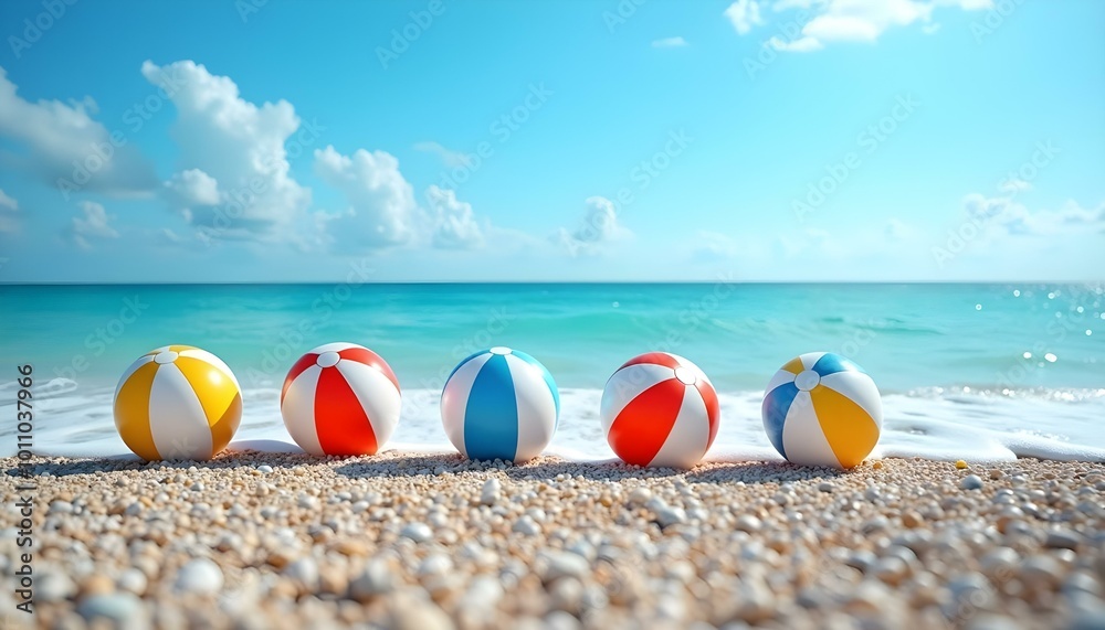 Obraz premium Colorful Beach Ball on the Sand Fun Summer Toy for Holiday Adventures Ocean and Sea Shore