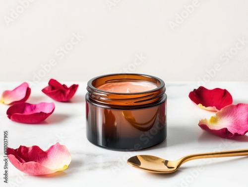 Aesthetic amber jar with cream and rose petals, elegant spoon on marble surface.