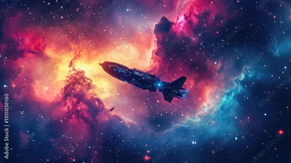 Naklejka premium A futuristic spaceship soaring through a vibrant nebula, surrounded by colorful stars and cosmic dust.