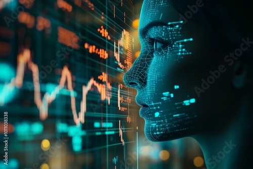 Face of artificial intelligence with mind looking at trading charts information. neural networks analysis finance economic digital data.