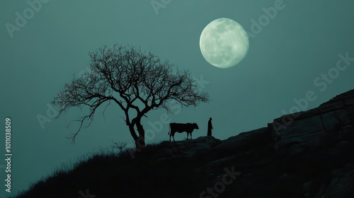 Enigmatic atmosphere of a treeas shadow on a mountain, with the full moon creating a backdrop for the silhouette of a man and cow, no people. photo