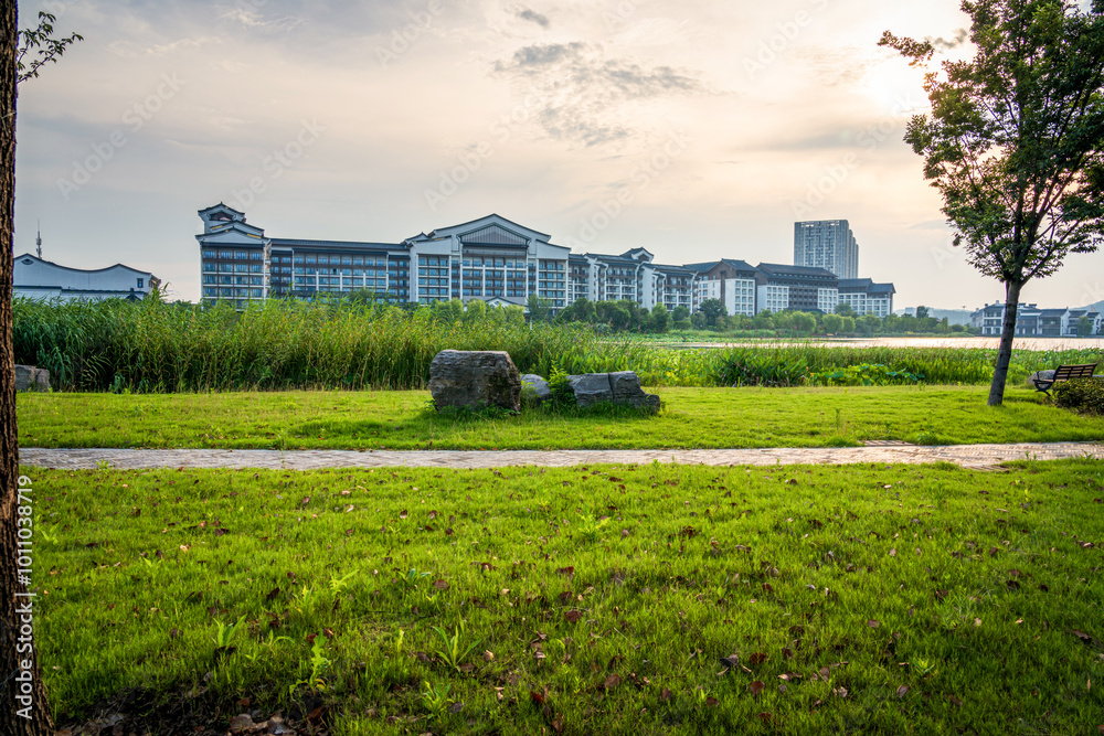 Serene Park with Scenic Building View Serene Park with Scenic Building View