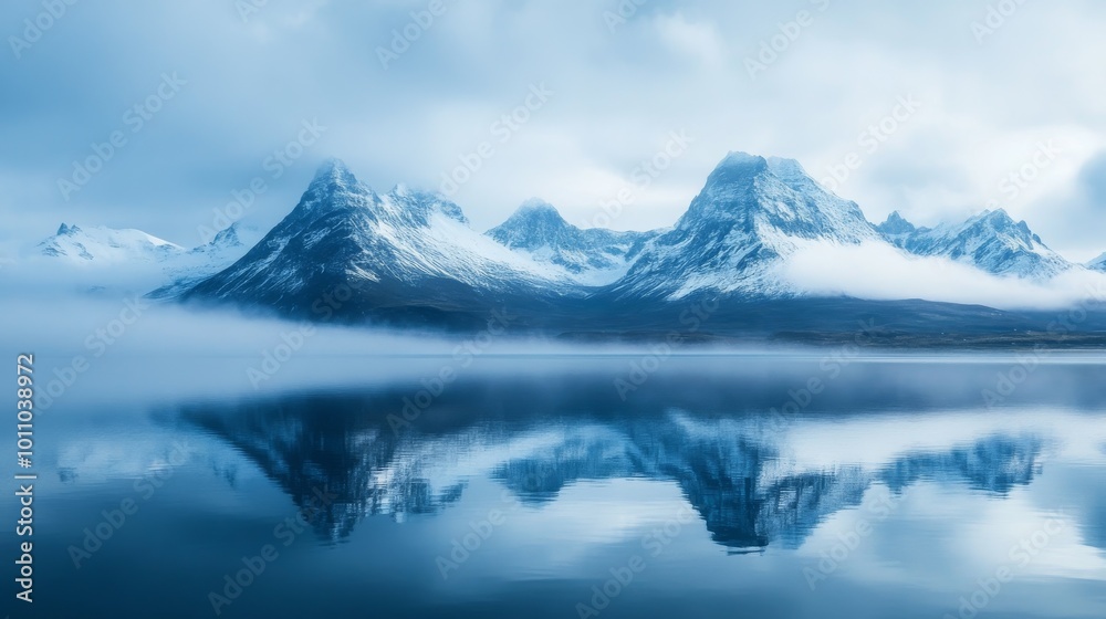 Snow-capped Mountains Reflect in a Serene Lake Under a Cloudy Sky at Dawn