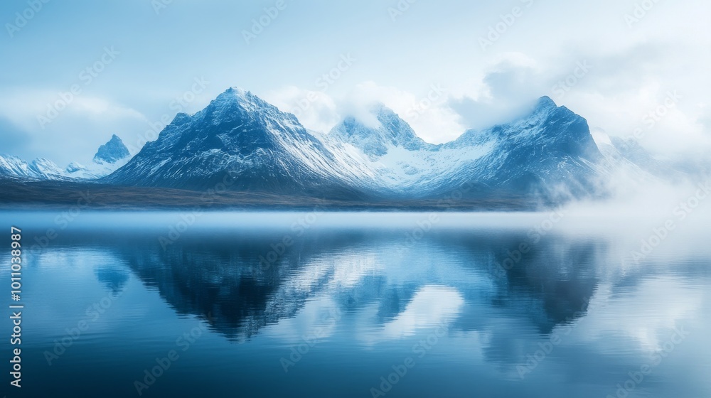 Majestic Snowy Mountains Reflected in Calm Lake at Dawn Majestic Snowy Mountains Reflected in Calm Lake at Dawn