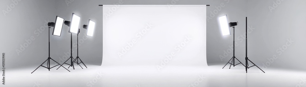 Empty professional photography studio with bright lights and seamless white backdrop ready for photo shoots.