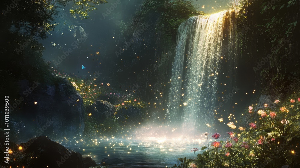 A magical waterfall flowing with shimmering light, cascading into a pool surrounded by glowing plants and flowers. A magical waterfall flowing with shimmering light, cascading into a pool surrounded by glowing plants and flowers.