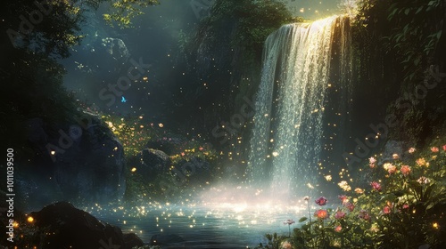 A magical waterfall flowing with shimmering light, cascading into a pool surrounded by glowing plants and flowers.