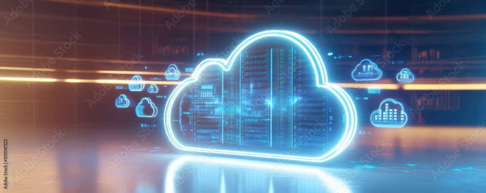 Futuristic digital cloud computing concept showcasing glowing cloud and data symbols in a high-tech environment. Futuristic digital cloud computing concept showcasing glowing cloud and data symbols in a high-tech environment.