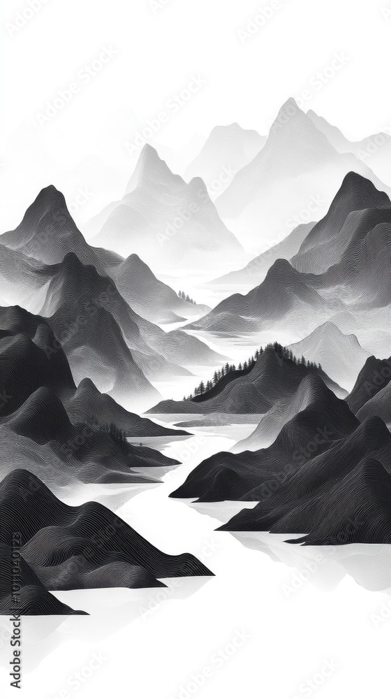 Fototapeta premium Abstract Black and White Landscape Featuring Mountains and a Winding River at Dawn