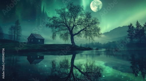 Magical landscape featuring a treeas shadow standing in water under a full moon and northern lights, with a peaceful cottage's shadow nearby. photo