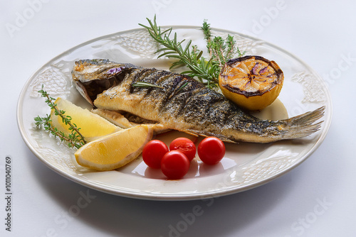 Grilled Fish Garnished with Lemon and Herbs