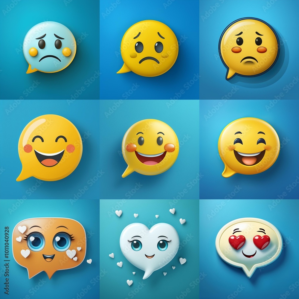 Obraz premium Nine colorful speech bubbles with various expressions displayed against a solid blue background.