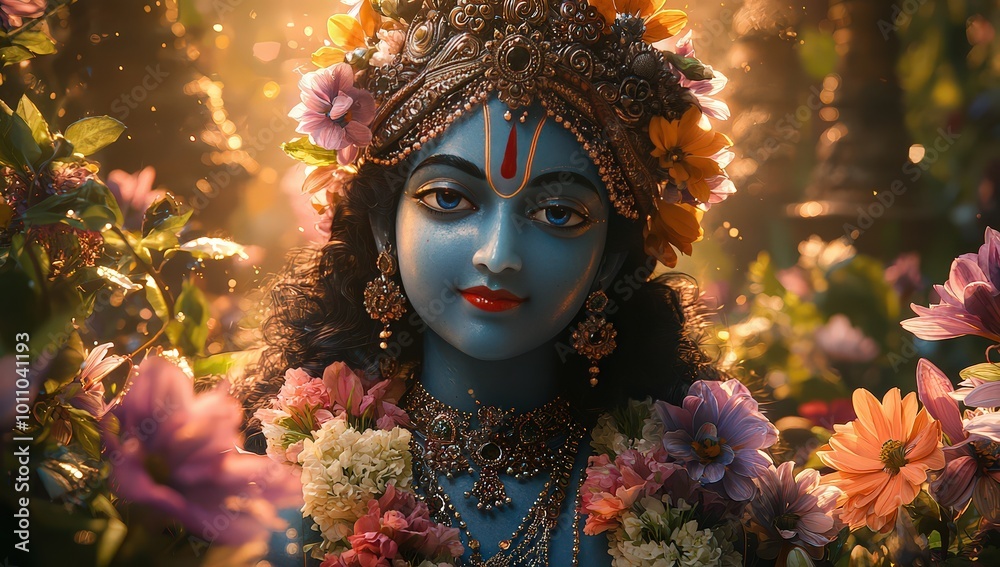 Divine blue-skinned Lord Krishna surrounded by vibrant flowers and illuminated with soft, ethereal lighting. The background features an ancient Indian temple Divine blue-skinned Lord Krishna surrounded by vibrant flowers and illuminated with soft, ethereal lighting. The background features an ancient Indian temple