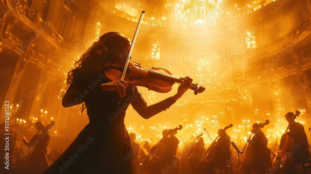 Fototapeta premium An elegant musician performs with a violin, surrounded by illuminated figures in a grand, atmospheric setting.