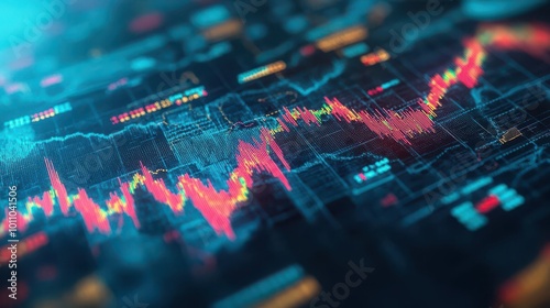 An abstract view of a financial chart displaying stock market trends with vibrant colors and dynamic graph lines.