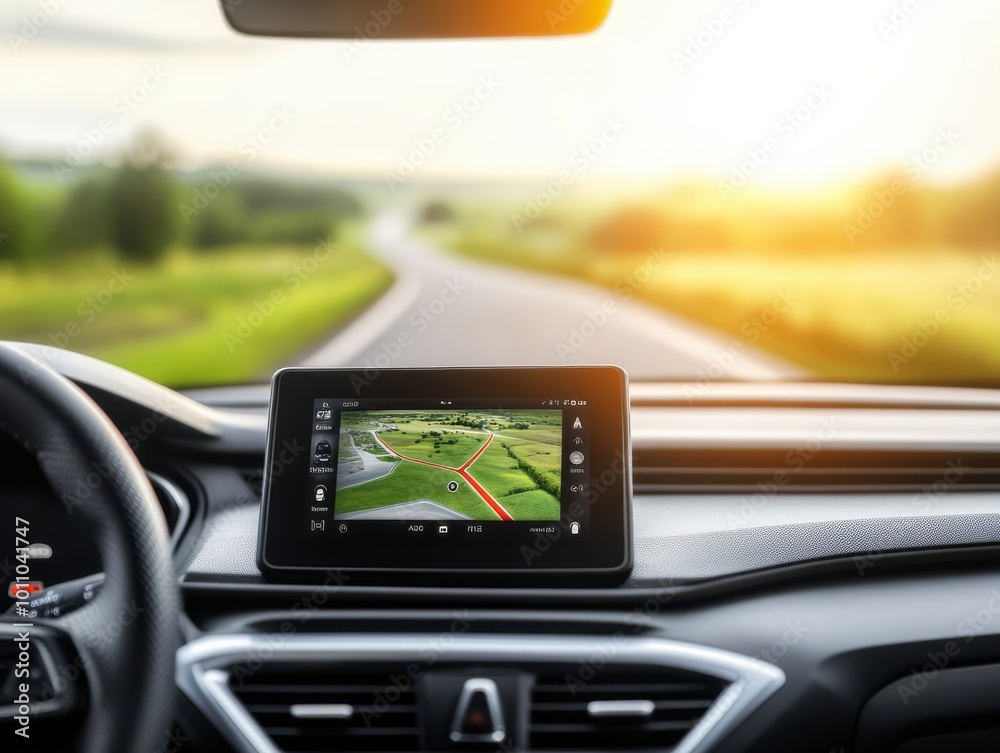 Inside view of a modern car with a navigation system, capturing the road ahead during a scenic drive at sunset. Inside view of a modern car with a navigation system, capturing the road ahead during a scenic drive at sunset.