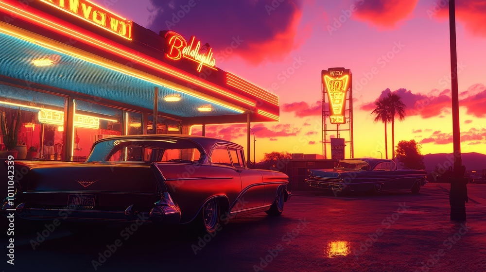 A retro diner set against a vibrant sunset, with neon lights flickering and classic cars parked outside. A retro diner set against a vibrant sunset, with neon lights flickering and classic cars parked outside.