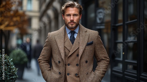 A well-dressed man in a stylish overcoat poses confidently outside a city building on a crisp autumn day