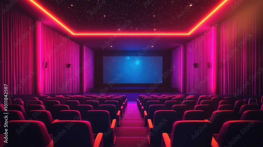 A retro movie theater with neon lights, showing classic films against a backdrop of a starry night sky.