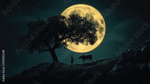 Nighttime tranquility of a treeas shadow on a mountain, with a glowing full moon in the background and the shadow of a man leading a cow, no people.