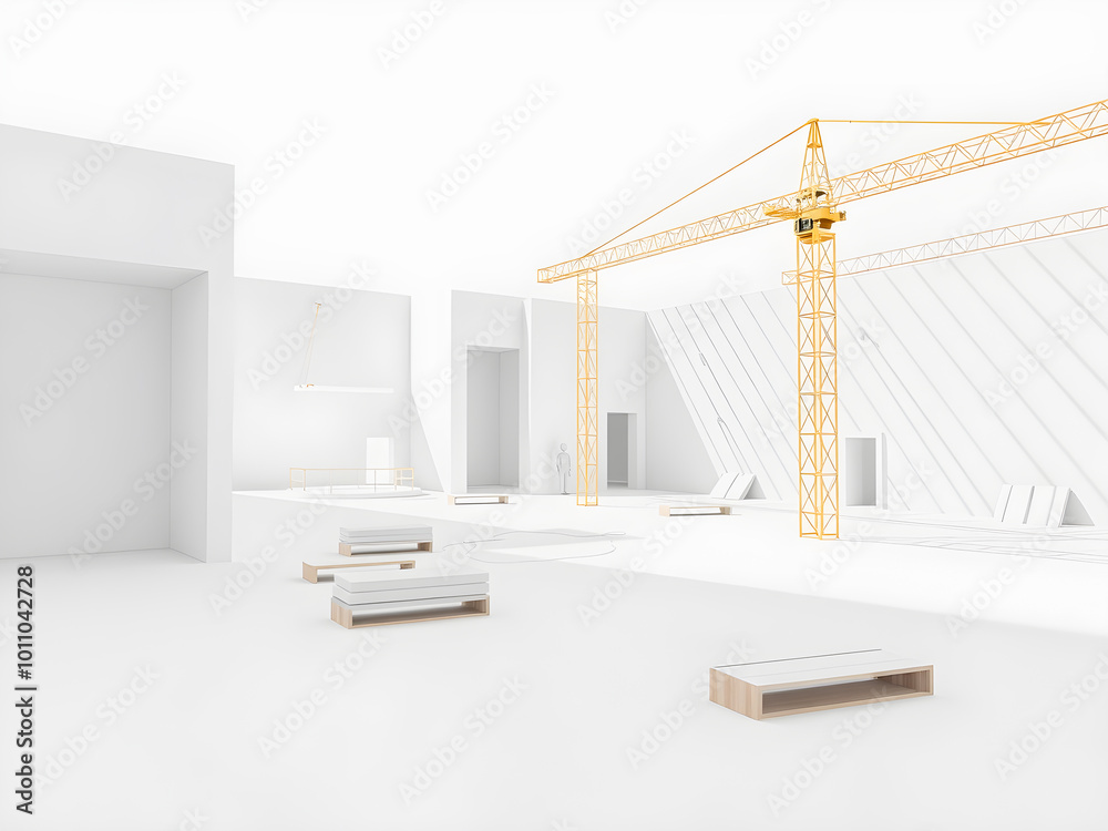 Fototapeta premium Interior of modern empty room with white walls, concrete floor, white ceiling and yellow construction crane. 3d rendering