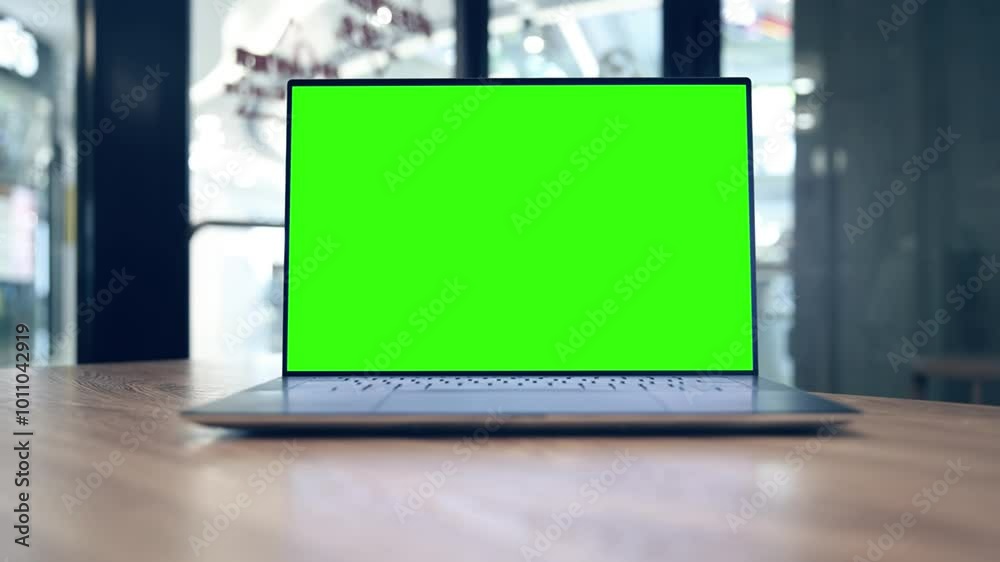 Laptop computer with blank green screen on the table in cafe Laptop computer with blank green screen on the table in cafe