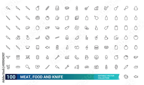 Meat And Food, knife, food knife, poultry, fish and eggs minimal thin line web icon set. Outline icons collection. Simple vector illustration.