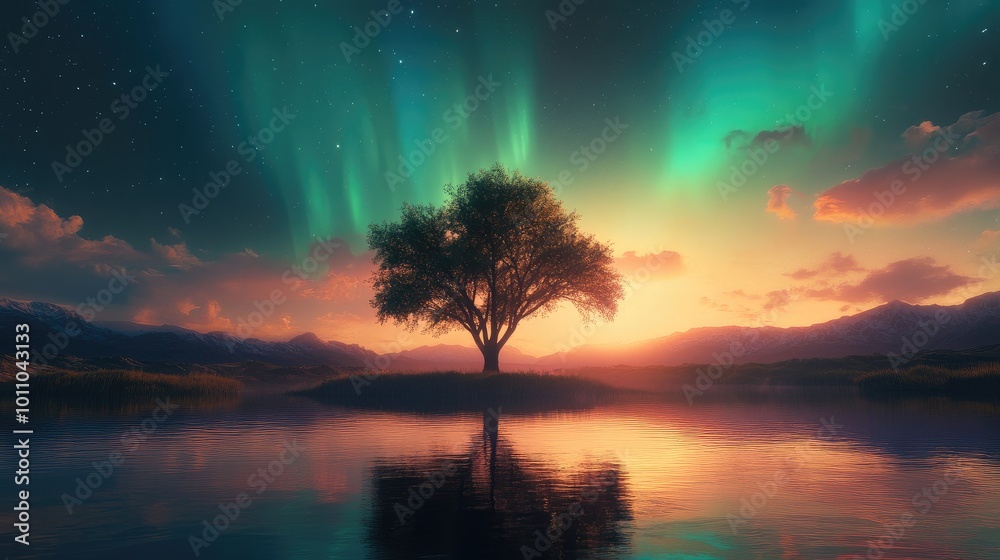 Peaceful river scene with a solitary tree against a backdrop of a radiant sunrise and colorful northern lights, no people. Peaceful river scene with a solitary tree against a backdrop of a radiant sunrise and colorful northern lights, no people.