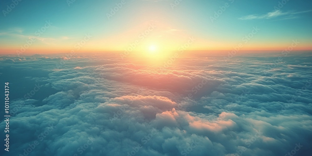 Obraz premium serene sunrise from an airplane at high altitude, featuring a bright horizon and clouds with copy space, perfect for capturing the beauty of air travel
