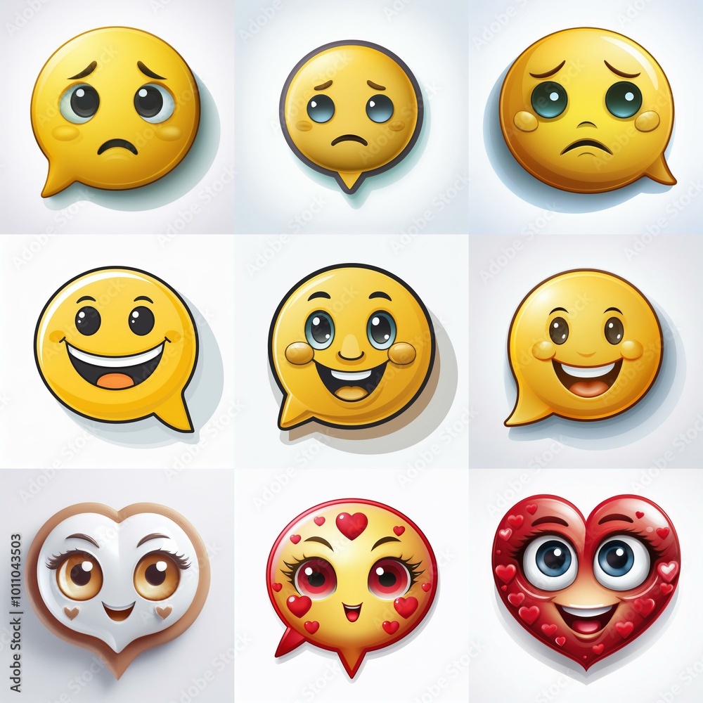 Nine cartoon emoticons with different expressions, including happy, sad, and love. Nine cartoon emoticons with different expressions, including happy, sad, and love.