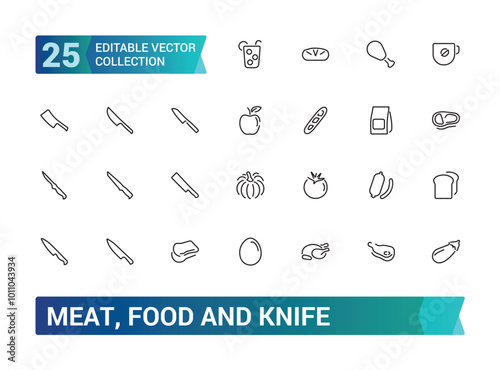 Meat And Food, knife, food knife, poultry, fish and eggs minimal thin line web icon set. Outline icons collection. Simple vector illustration.