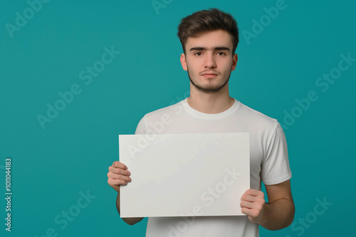 A young man of European appearance in a white T-shirt and with a white sign in his hands, on a light blue background. Advertising banner. photo