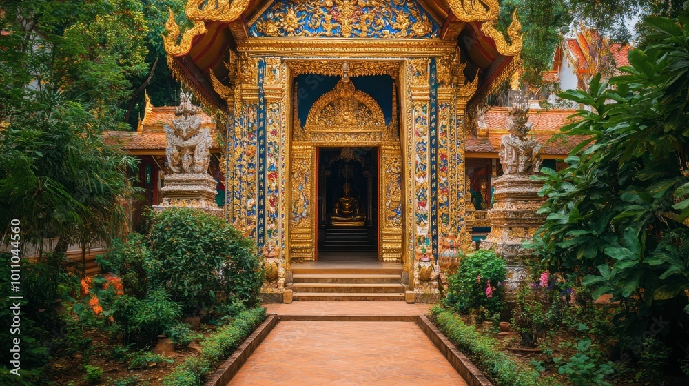 The stunning entrance to Wat Hai Sok temple, adorned with intricate gold detailing and colorful murals. The stunning entrance to Wat Hai Sok temple, adorned with intricate gold detailing and colorful murals.