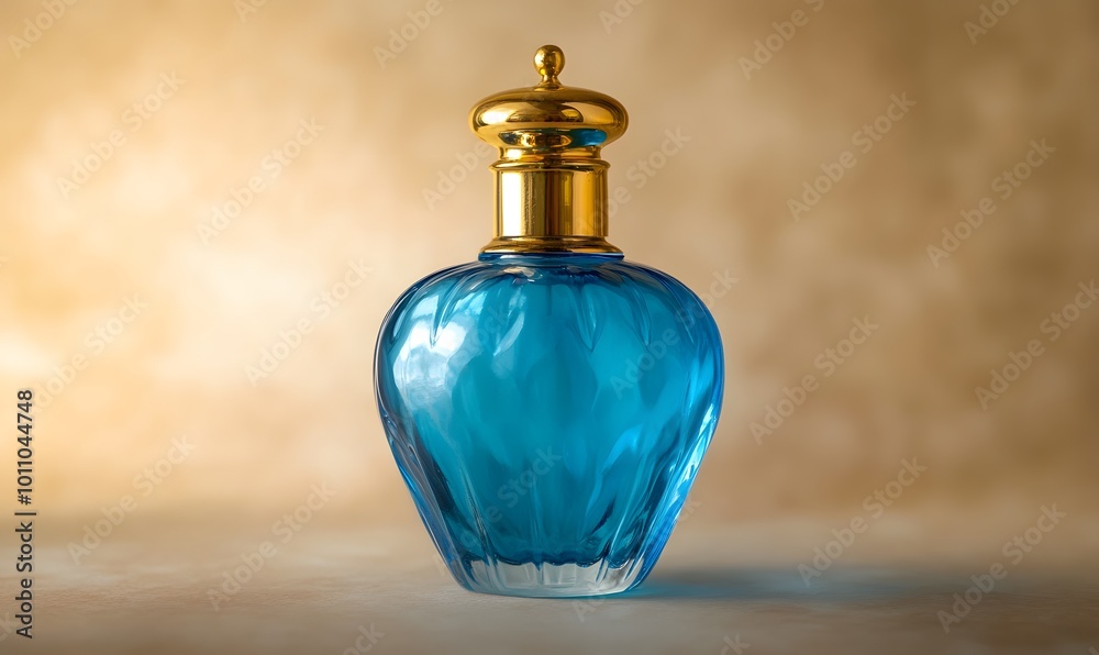 Elegant blue glass perfume bottle with a golden cap reflecting soft light on a neutral background, Generative AI Elegant blue glass perfume bottle with a golden cap reflecting soft light on a neutral background, Generative AI